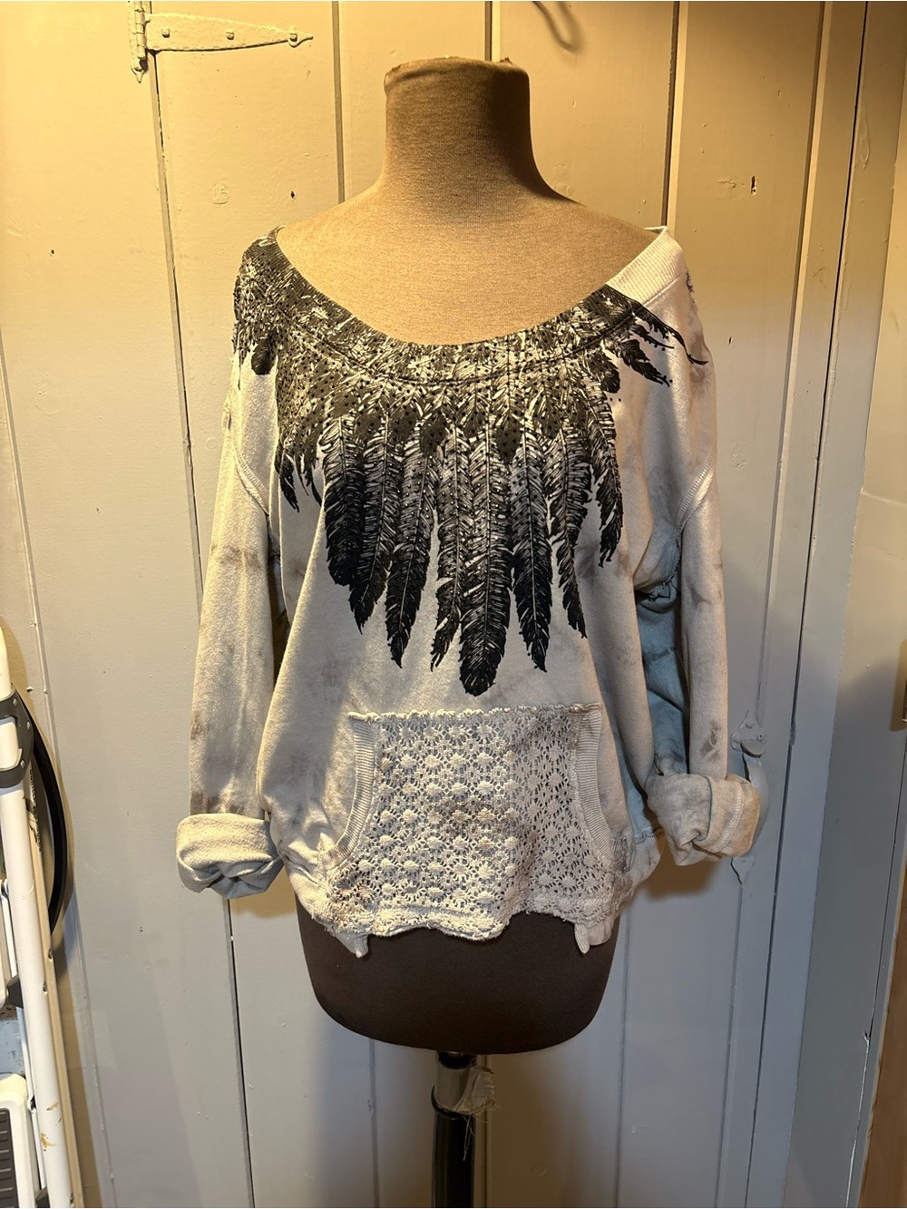 Affliction Long Sleeve Feather Graphic Sweater in White and Black